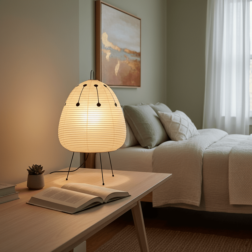 Lámpara de acento con pantalla de papel hecha a mano, 10 pulgadas de ancho, luz nocturna LED de brillo cálido para dormitorio, oficina, escritorio, rincón de lectura, estilo minimalista japonés