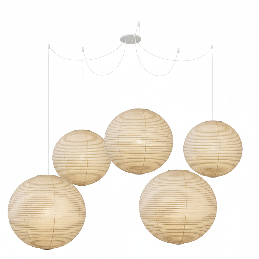 Spherical Wire-Frame Ceiling Fixture with Paper Diffuser for Kitchens & Dining Spaces – Sculptural Overhead Lighting – Adjustable Height Up | Thomler