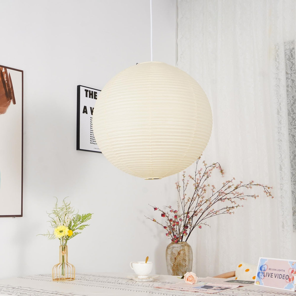 Spherical Wire-Frame Ceiling Fixture with Paper Diffuser for Kitchens & Dining Spaces – Sculptural Overhead Lighting – Adjustable Height Up | Thomler