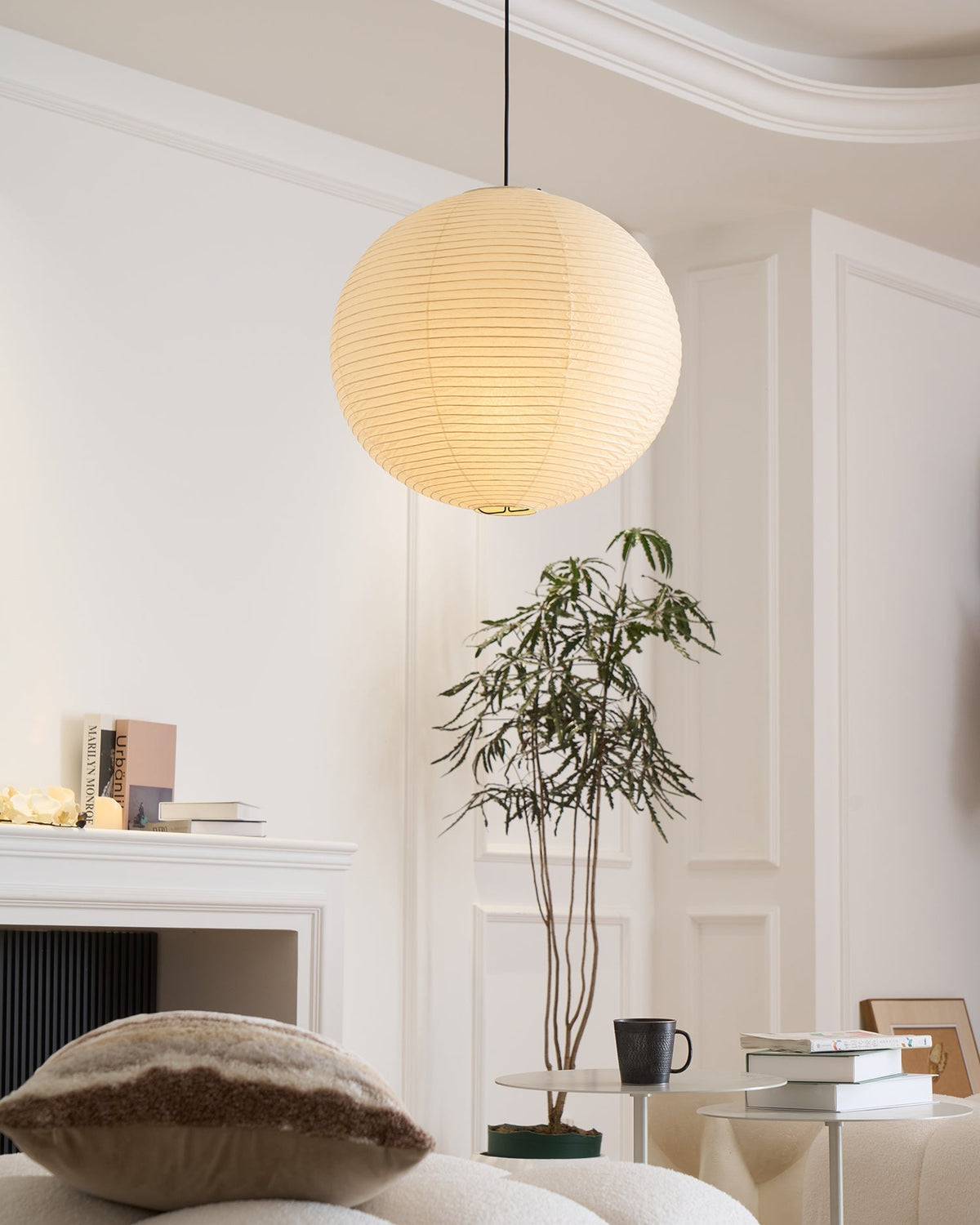 Spherical Wire-Frame Ceiling Fixture with Paper Diffuser for Kitchens & Dining Spaces – Sculptural Overhead Lighting – Adjustable Height Up | Thomler