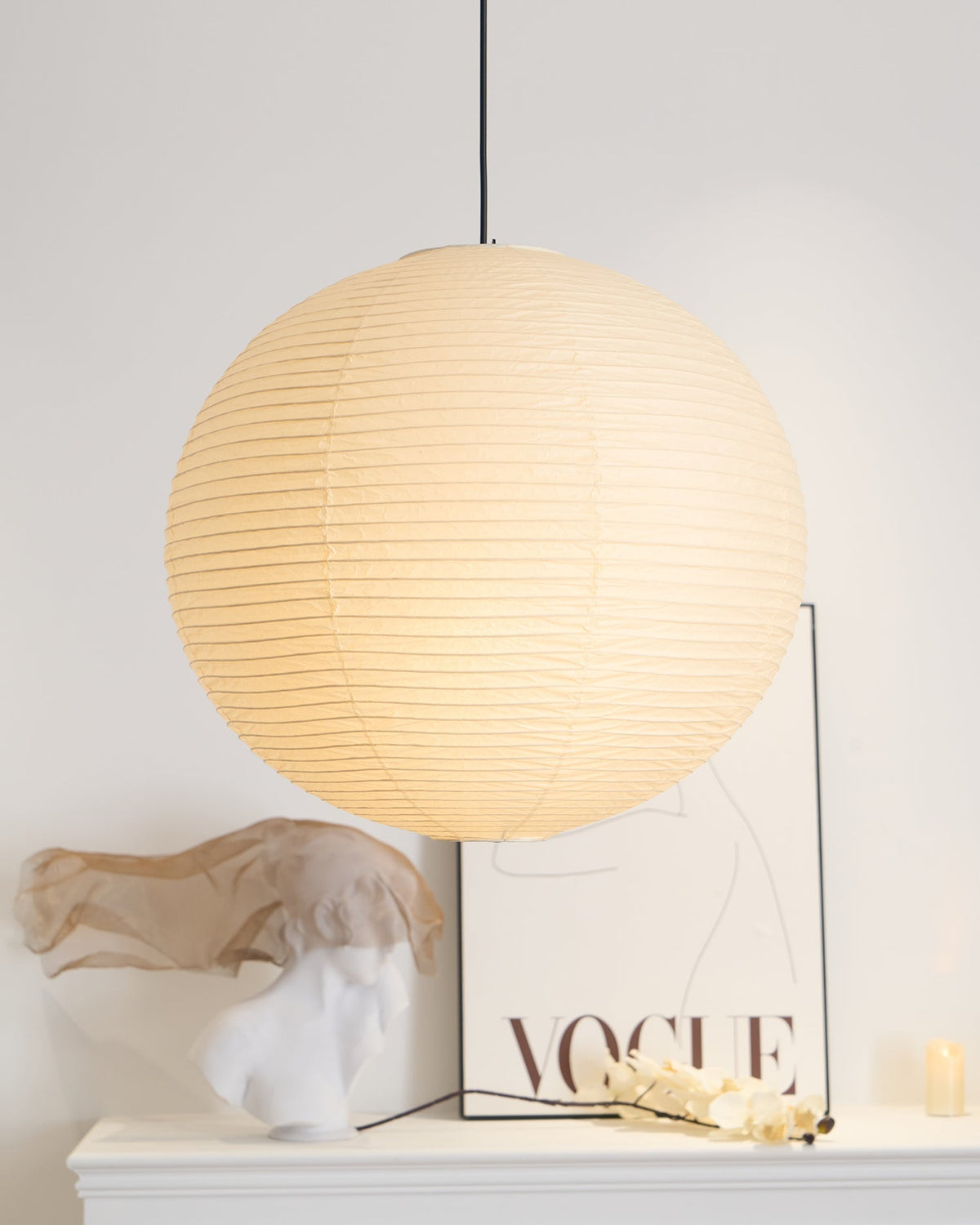 Spherical Wire-Frame Ceiling Fixture with Paper Diffuser for Kitchens & Dining Spaces – Sculptural Overhead Lighting – Adjustable Height Up | Thomler