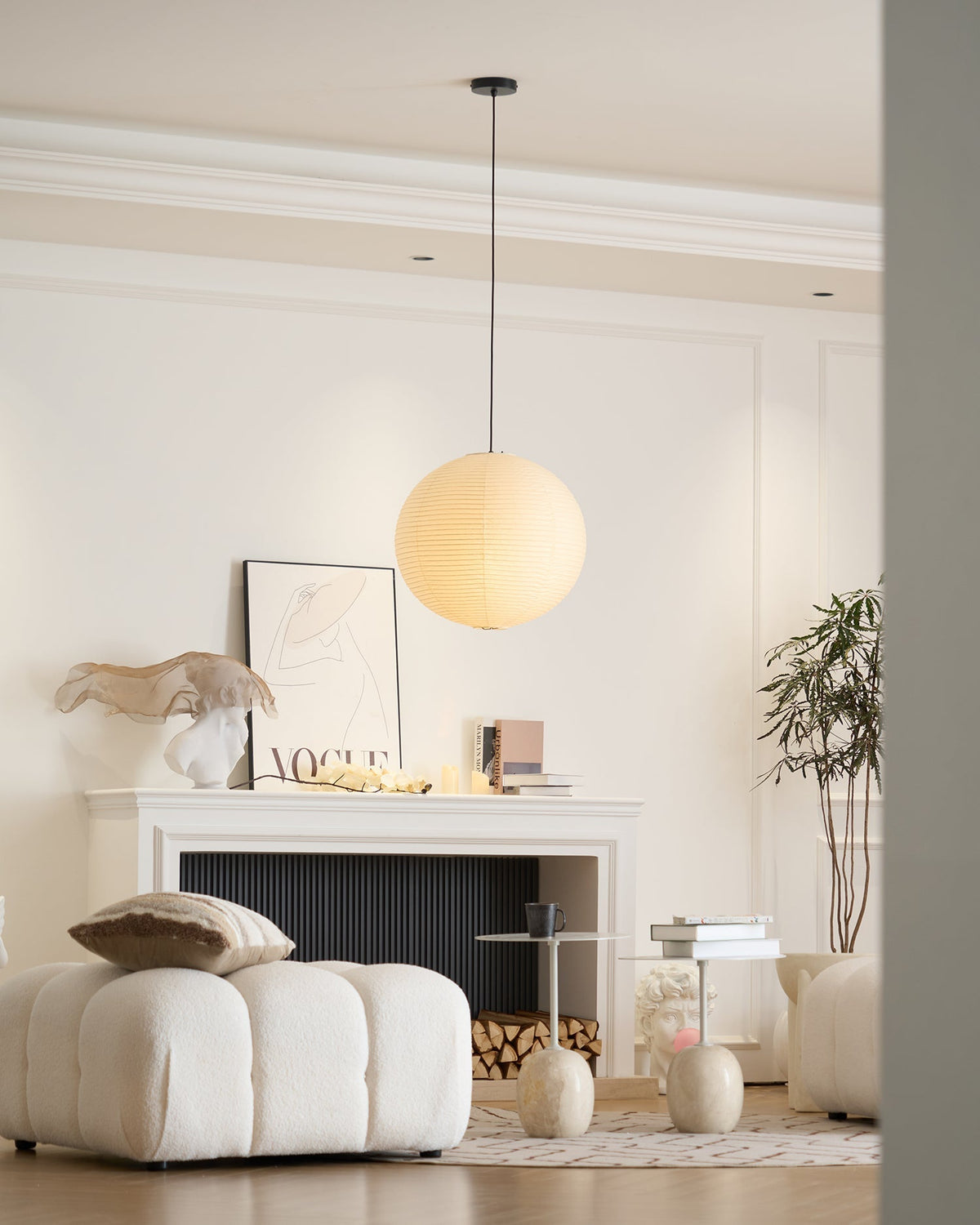 Spherical Wire-Frame Ceiling Fixture with Paper Diffuser for Kitchens & Dining Spaces – Sculptural Overhead Lighting – Adjustable Height Up | Thomler