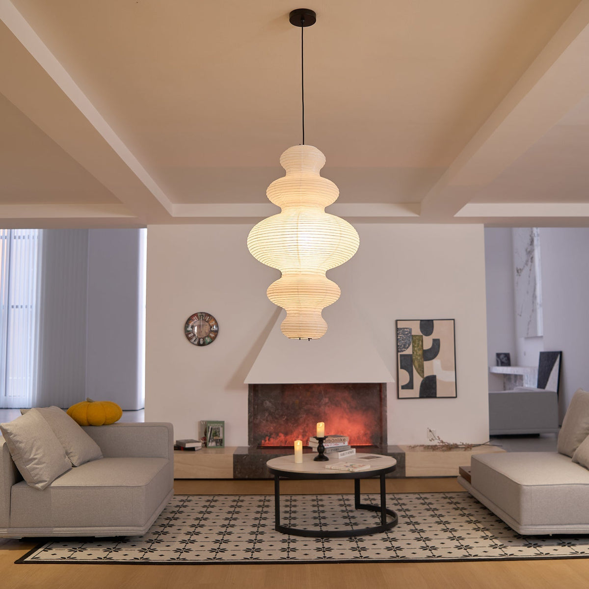 Hanging Lantern Fixture 19-Inch Natural Fiber Shade White Orb Ceiling Light Adjustable 59-Inch Cord for Dining Room Kitchen Island Asian-Ins | Thomler