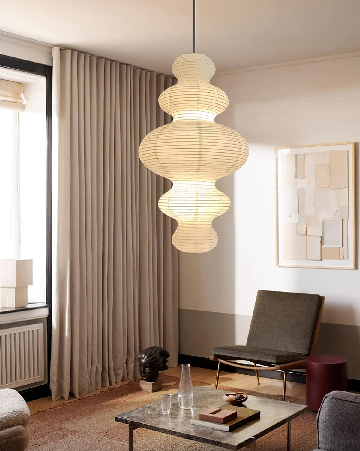 Hanging Lantern Fixture 19-Inch Natural Fiber Shade White Orb Ceiling Light Adjustable 59-Inch Cord for Dining Room Kitchen Island Asian-Ins | Thomler
