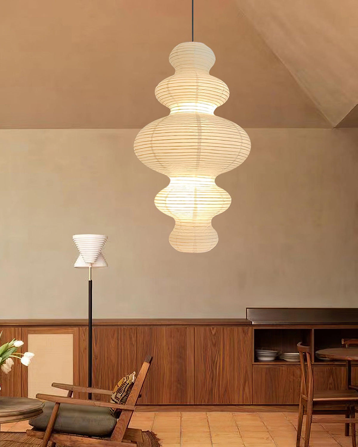 Hanging Lantern Fixture 19-Inch Natural Fiber Shade White Orb Ceiling Light Adjustable 59-Inch Cord for Dining Room Kitchen Island Asian-Ins | Thomler