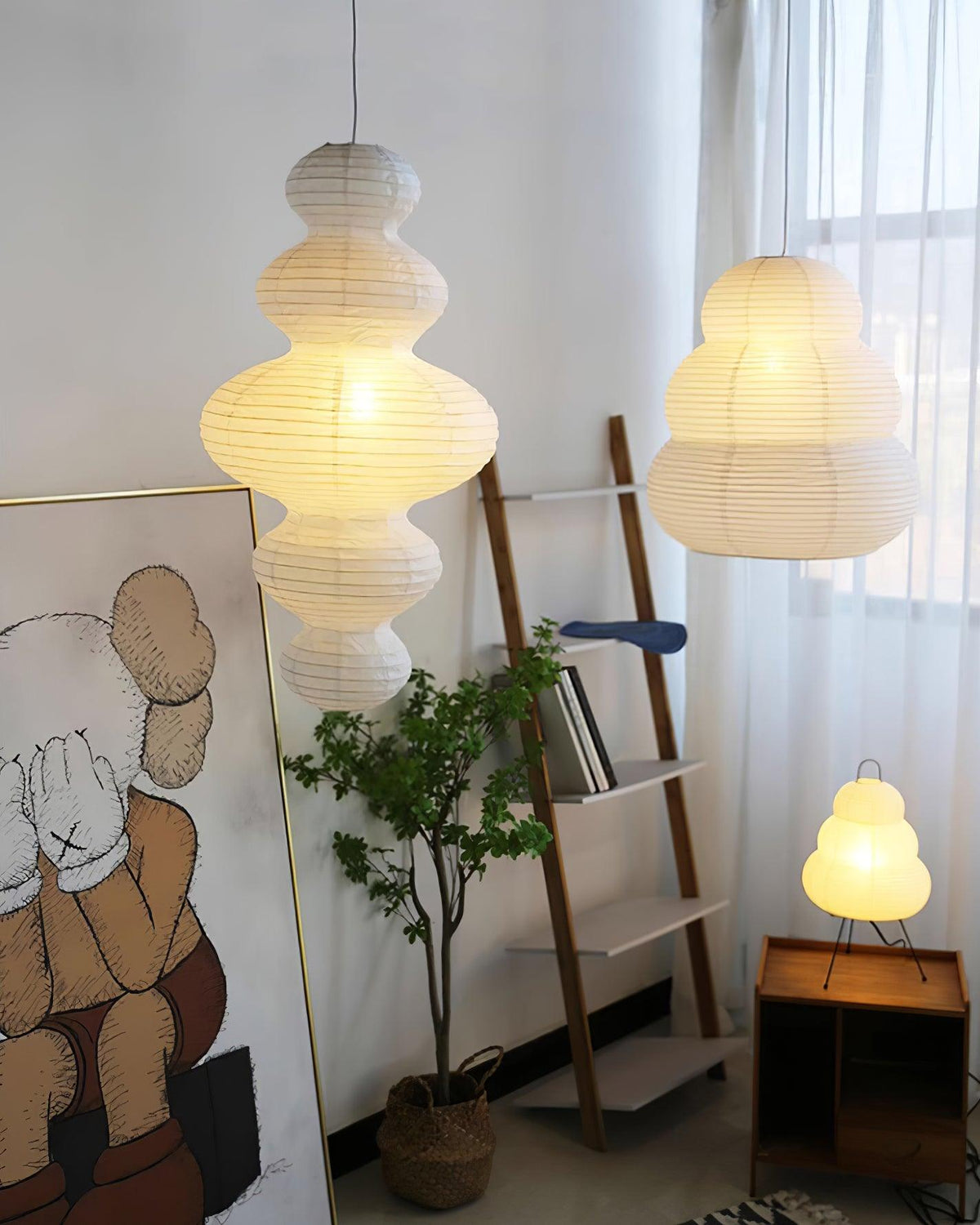Hanging Lantern Fixture 19-Inch Natural Fiber Shade White Orb Ceiling Light Adjustable 59-Inch Cord for Dining Room Kitchen Island Asian-Ins | Thomler