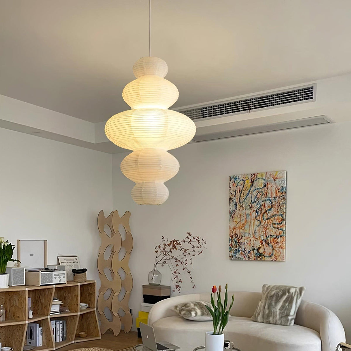 Hanging Lantern Fixture 19-Inch Natural Fiber Shade White Orb Ceiling Light Adjustable 59-Inch Cord for Dining Room Kitchen Island Asian-Ins | Thomler