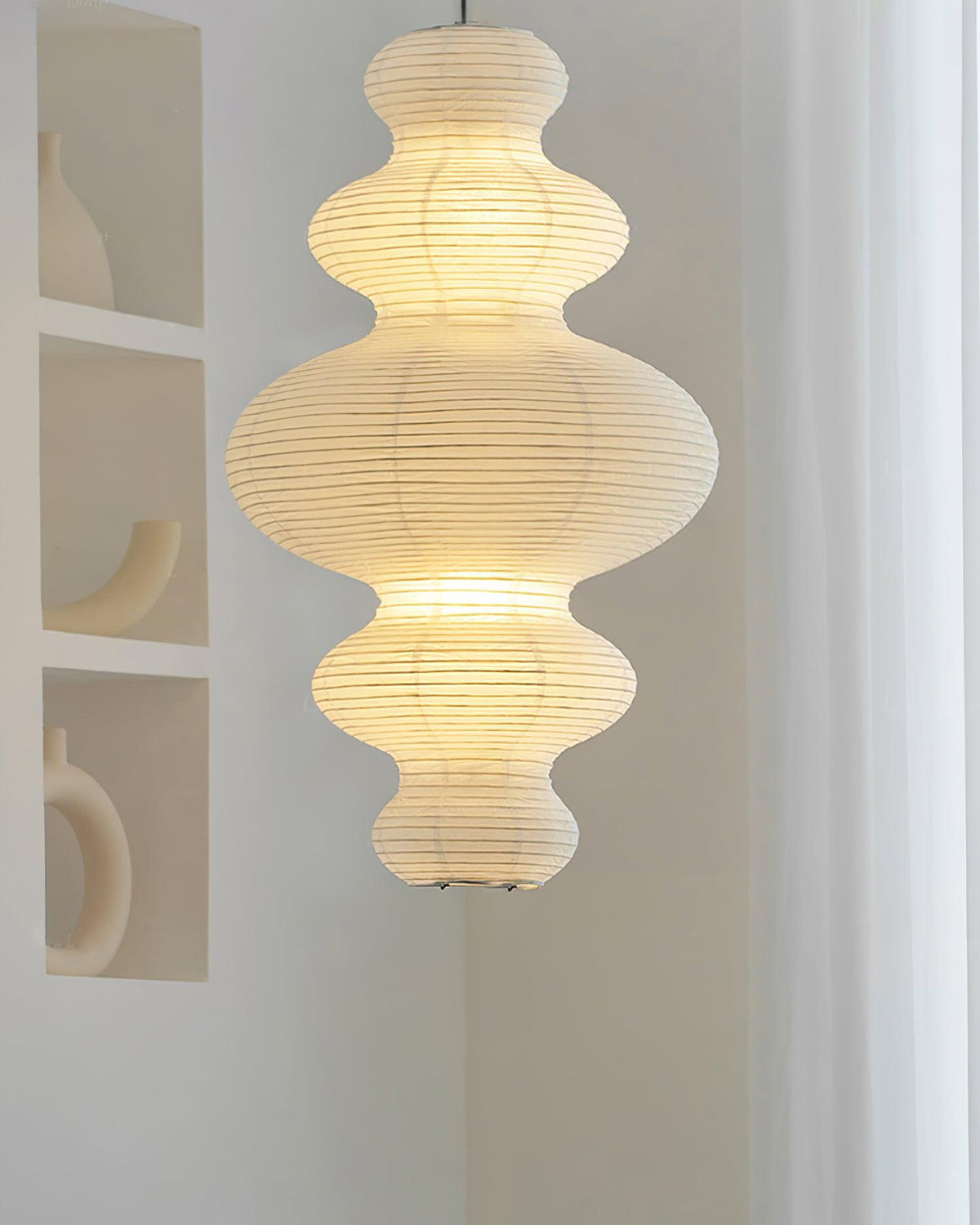 Hanging Lantern Fixture 19-Inch Natural Fiber Shade White Orb Ceiling Light Adjustable 59-Inch Cord for Dining Room Kitchen Island Asian-Ins | Thomler