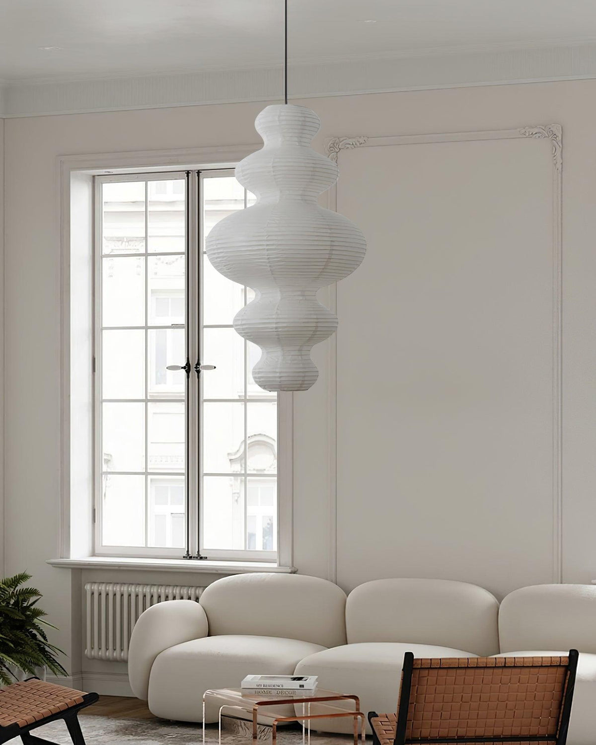 Hanging Lantern Fixture 19-Inch Natural Fiber Shade White Orb Ceiling Light Adjustable 59-Inch Cord for Dining Room Kitchen Island Asian-Ins | Thomler
