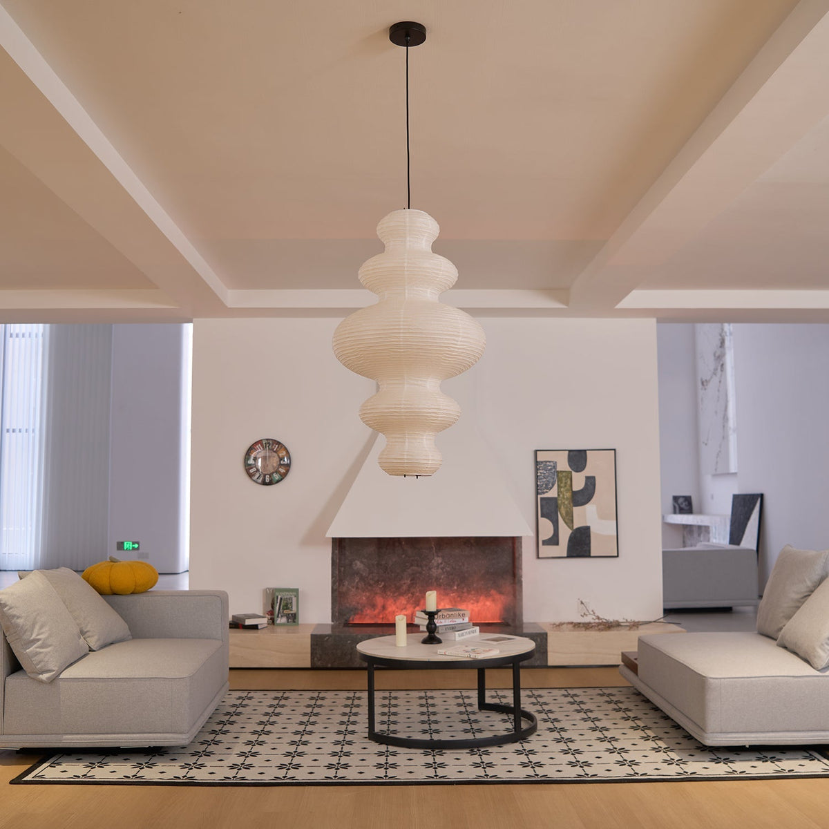 Hanging Lantern Fixture 19-Inch Natural Fiber Shade White Orb Ceiling Light Adjustable 59-Inch Cord for Dining Room Kitchen Island Asian-Ins | Thomler