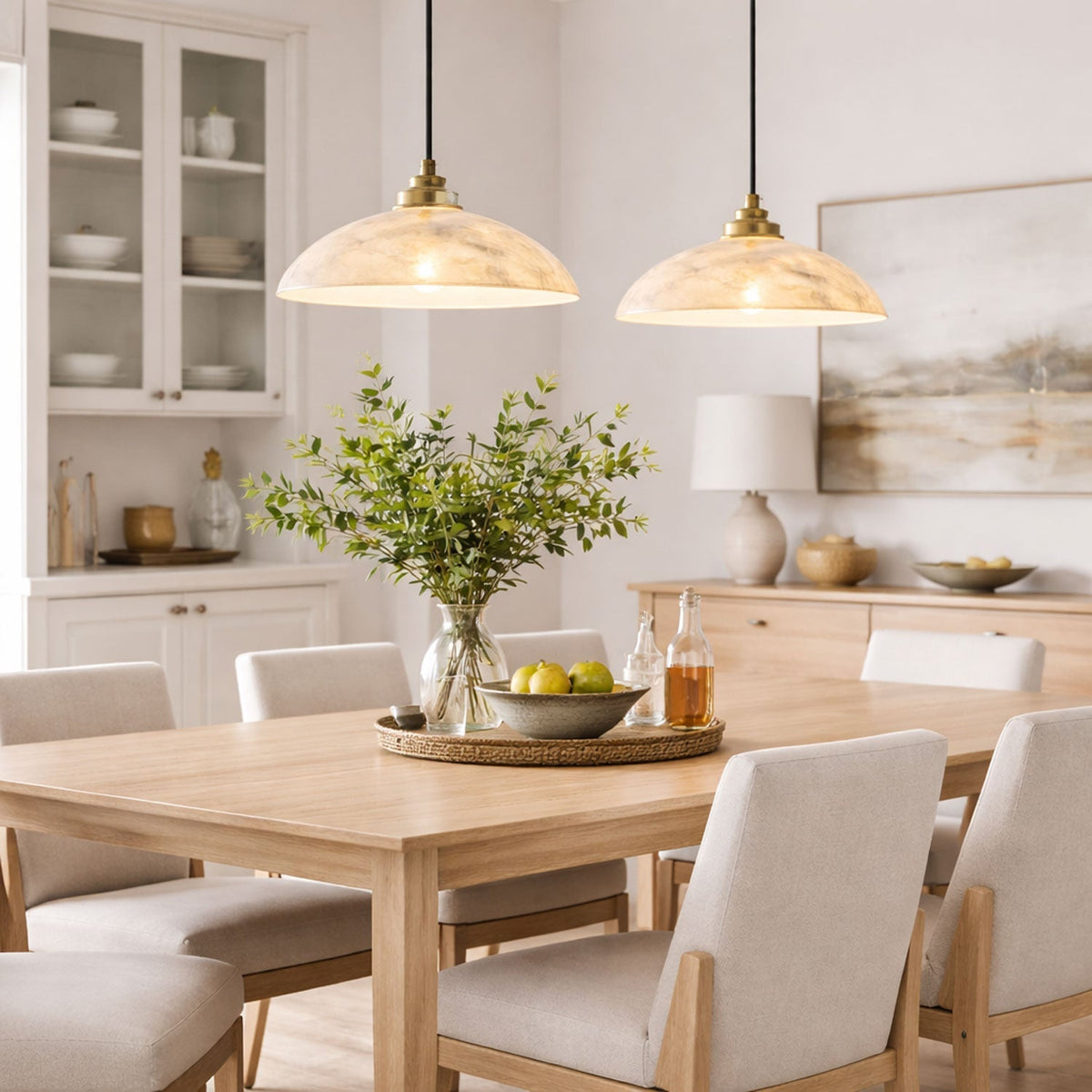 Lámpara de techo tipo globo de piedra blanca de 16 pulgadas, domo con cable ajustable para isla de cocina, comedor o sala de estar, lámpara colgante con casquillo E26 | Thomler