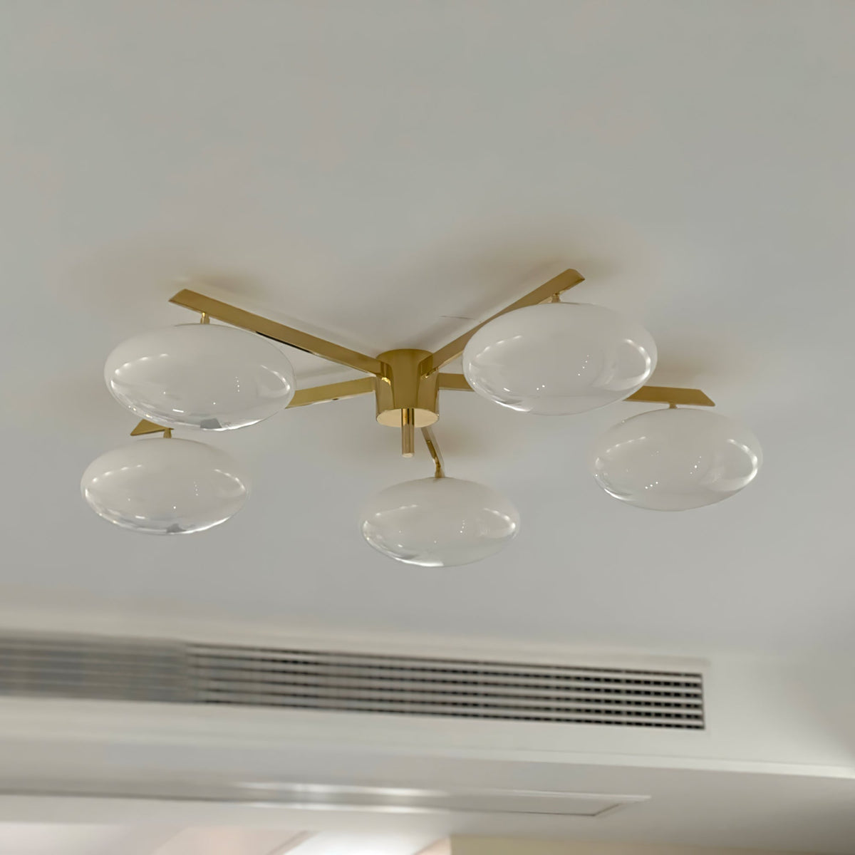Five-Arm Flush Mount Ceiling Fixture with Milky White Shades in Warm Gold Finish for Kitchen Island Bedroom Hallway Entry Foyer Low Profile | Thomler
