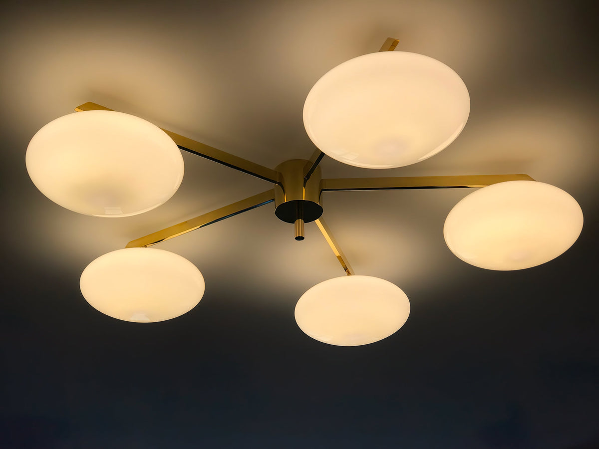 Five-Arm Flush Mount Ceiling Fixture with Milky White Shades in Warm Gold Finish for Kitchen Island Bedroom Hallway Entry Foyer Low Profile | Thomler