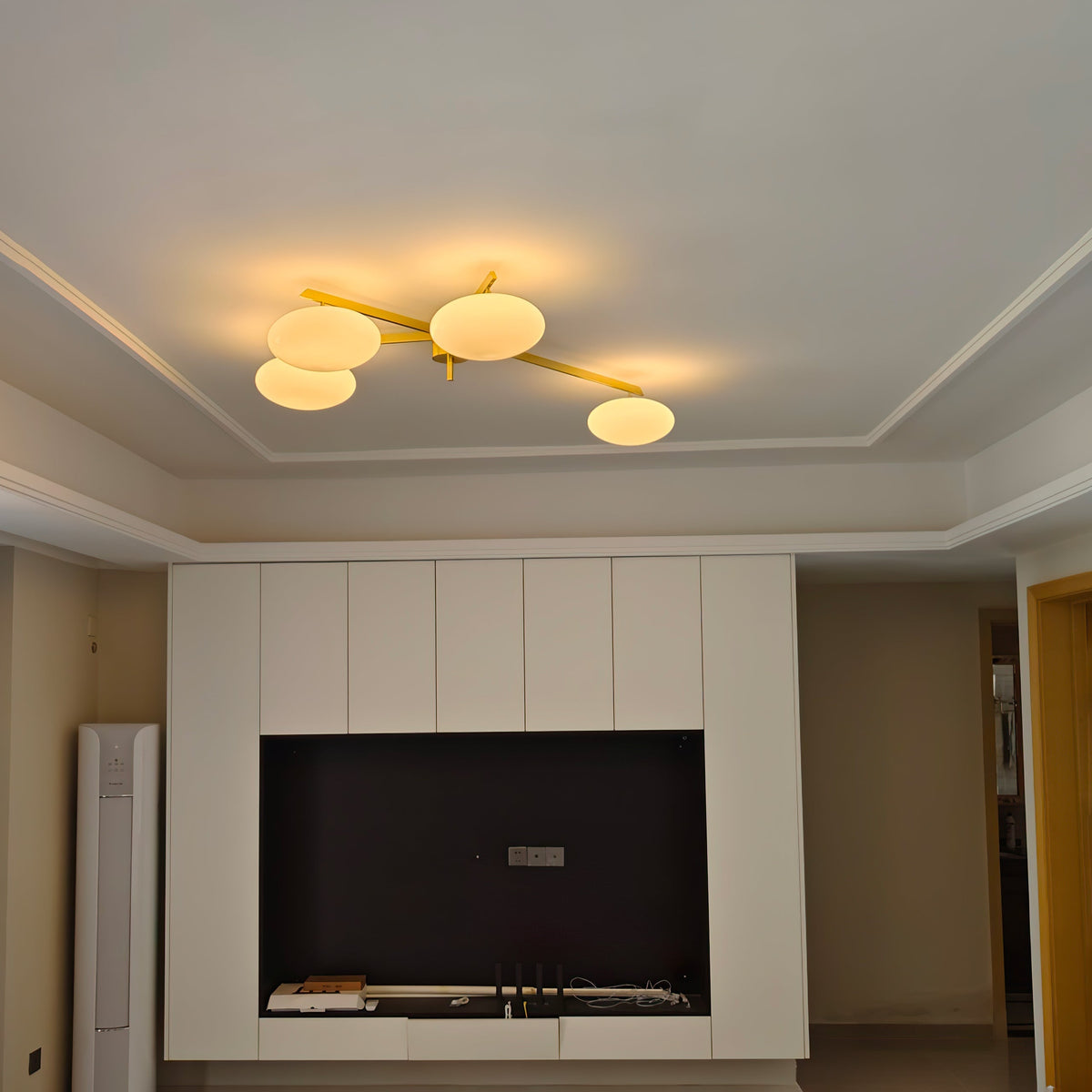 Five-Arm Flush Mount Ceiling Fixture with Milky White Shades in Warm Gold Finish for Kitchen Island Bedroom Hallway Entry Foyer Low Profile | Thomler