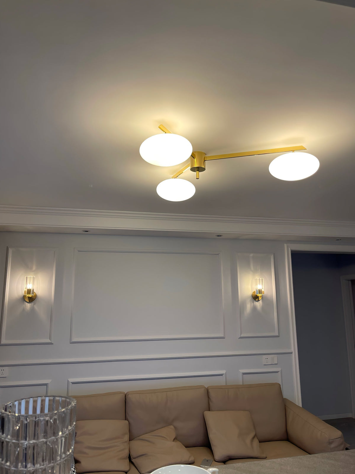 Five-Arm Flush Mount Ceiling Fixture with Milky White Shades in Warm Gold Finish for Kitchen Island Bedroom Hallway Entry Foyer Low Profile | Thomler