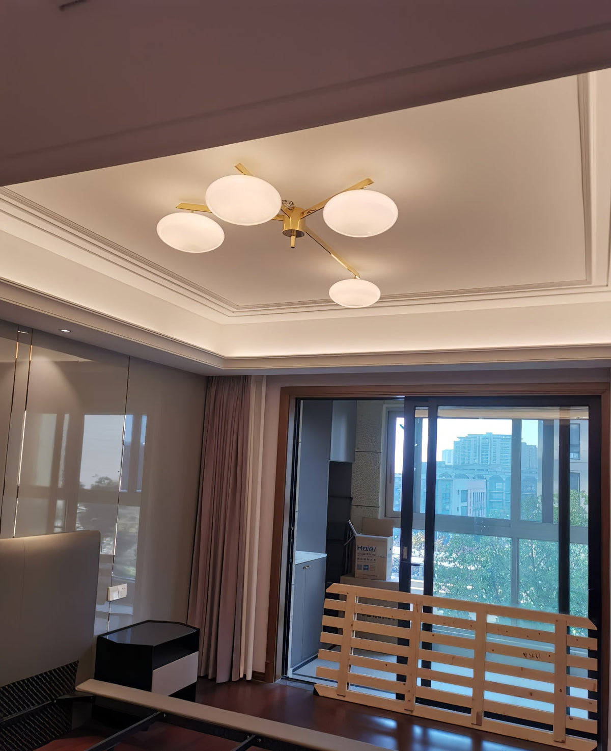 Five-Arm Flush Mount Ceiling Fixture with Milky White Shades in Warm Gold Finish for Kitchen Island Bedroom Hallway Entry Foyer Low Profile | Thomler