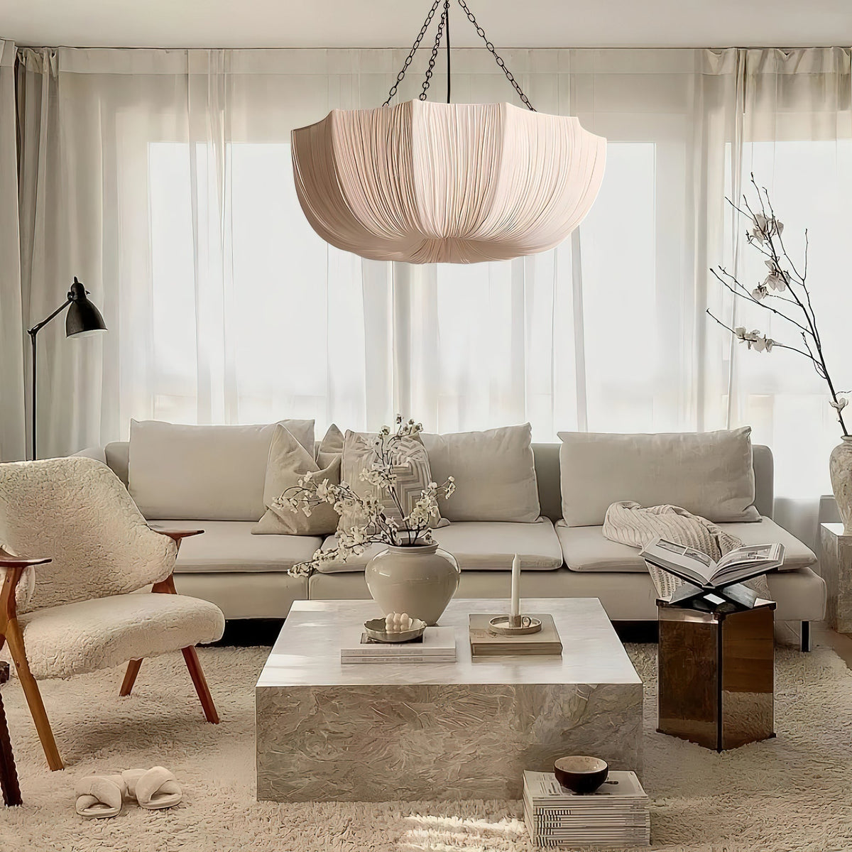 Stoffen plafondlamp met komvormige kap voor keukens en eetruimtes, 16 inch verstelbaar hangarmatuur, neutrale beige stoffen lampenkap Thr | Thomler