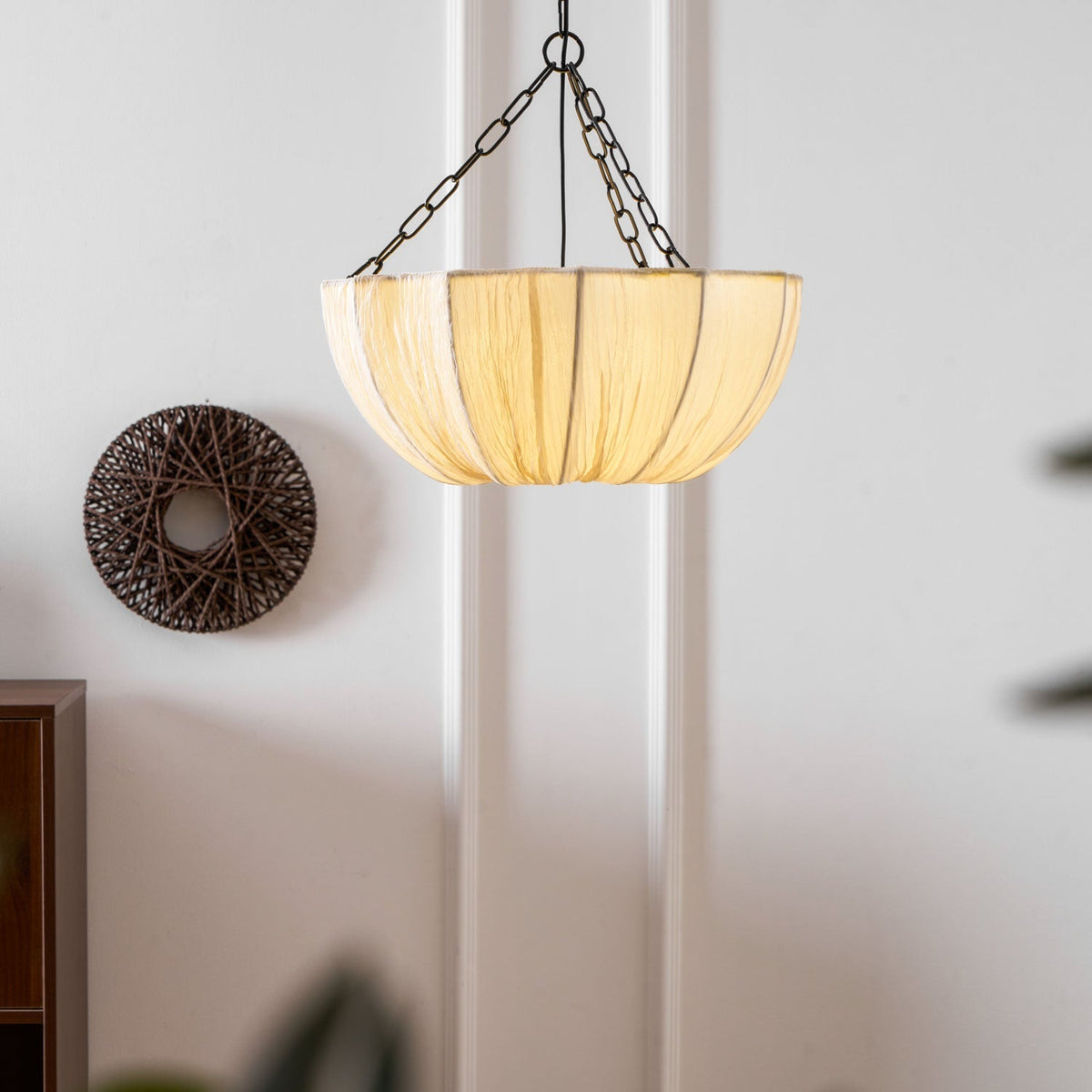 Stoffen plafondlamp met komvormige kap voor keukens en eetruimtes, 16 inch verstelbaar hangarmatuur, neutrale beige stoffen lampenkap Thr | Thomler