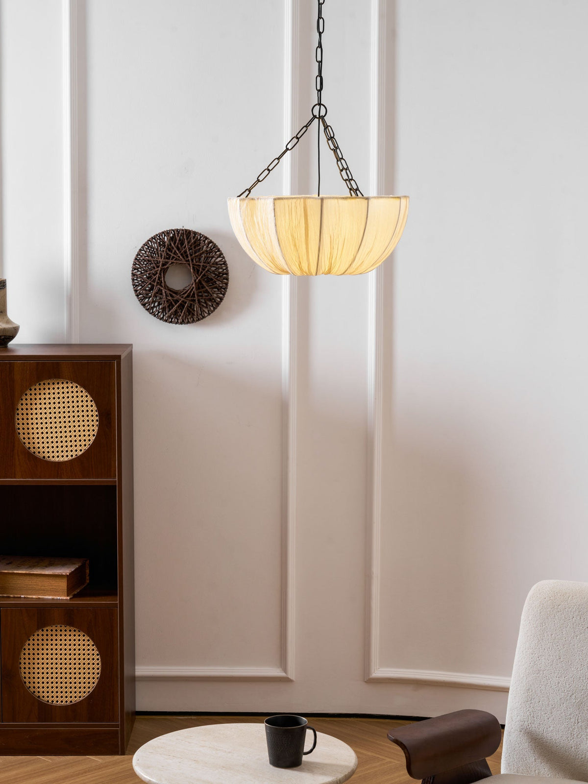Stoffen plafondlamp met komvormige kap voor keukens en eetruimtes, 16 inch verstelbaar hangarmatuur, neutrale beige stoffen lampenkap Thr | Thomler