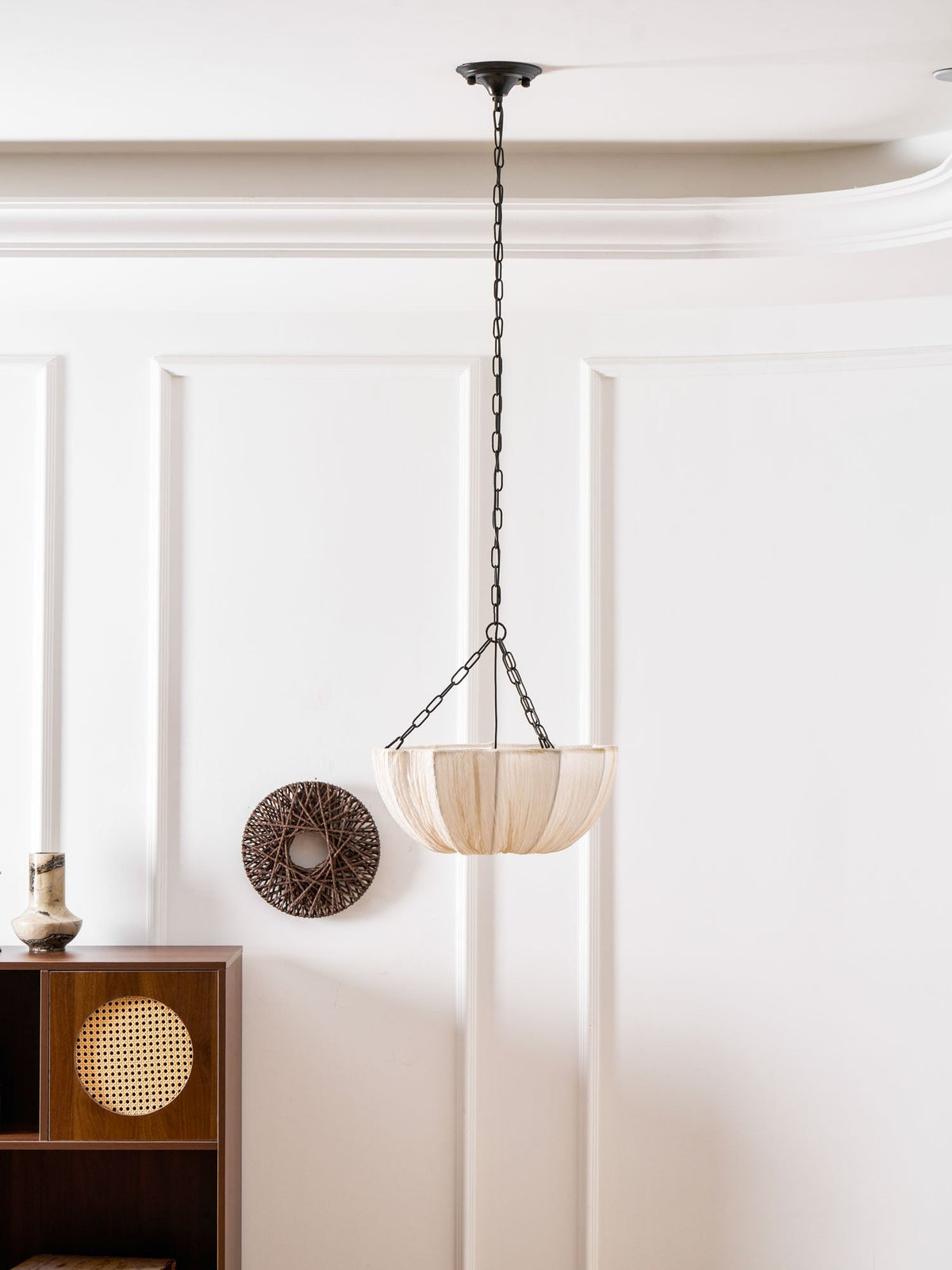 Stoffen plafondlamp met komvormige kap voor keukens en eetruimtes, 16 inch verstelbaar hangarmatuur, neutrale beige stoffen lampenkap Thr | Thomler