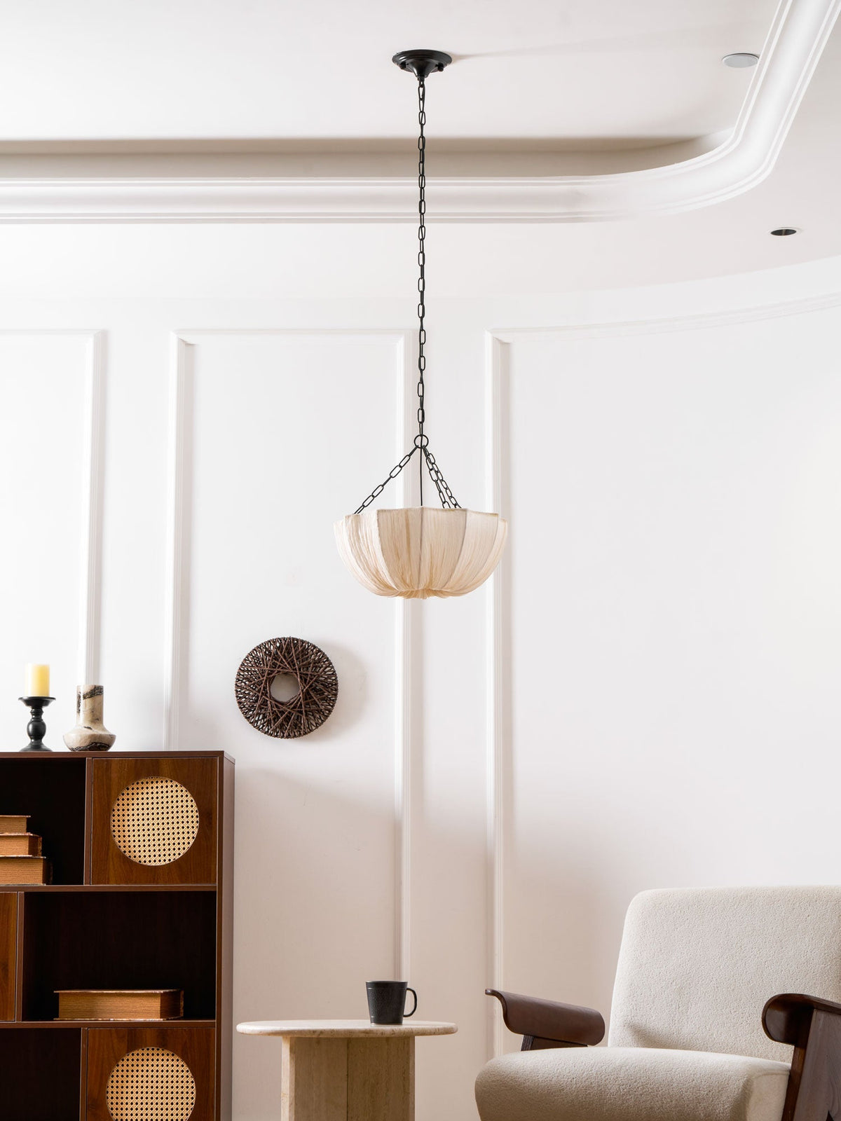 Stoffen plafondlamp met komvormige kap voor keukens en eetruimtes, 16 inch verstelbaar hangarmatuur, neutrale beige stoffen lampenkap Thr | Thomler