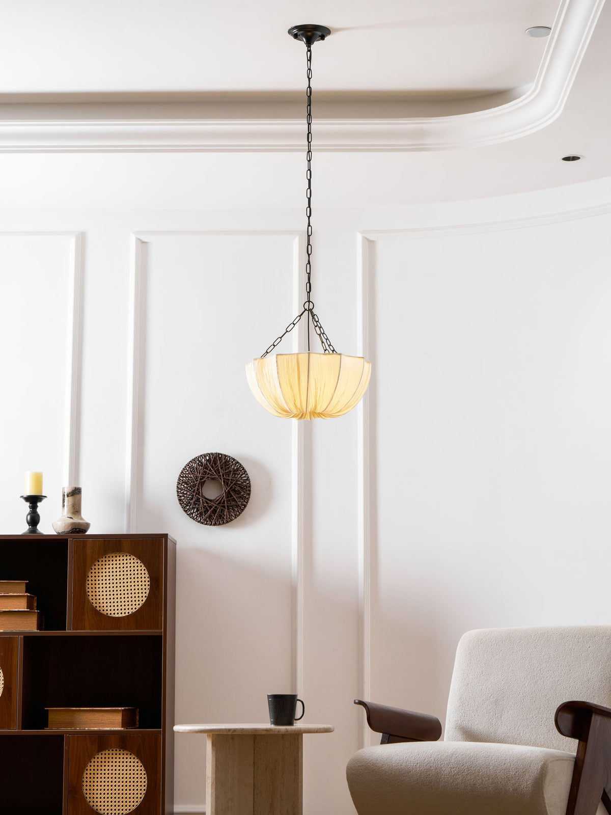 Stoffen plafondlamp met komvormige kap voor keukens en eetruimtes, 16 inch verstelbaar hangarmatuur, neutrale beige stoffen lampenkap Thr | Thomler