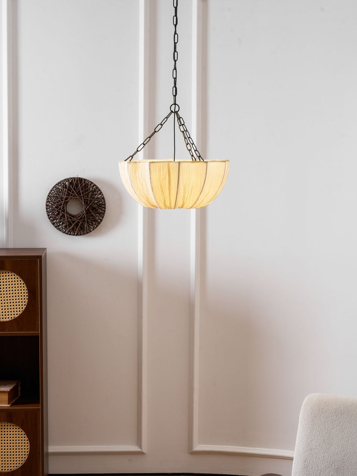 Stoffen plafondlamp met komvormige kap voor keukens en eetruimtes, 16 inch verstelbaar hangarmatuur, neutrale beige stoffen lampenkap Thr | Thomler