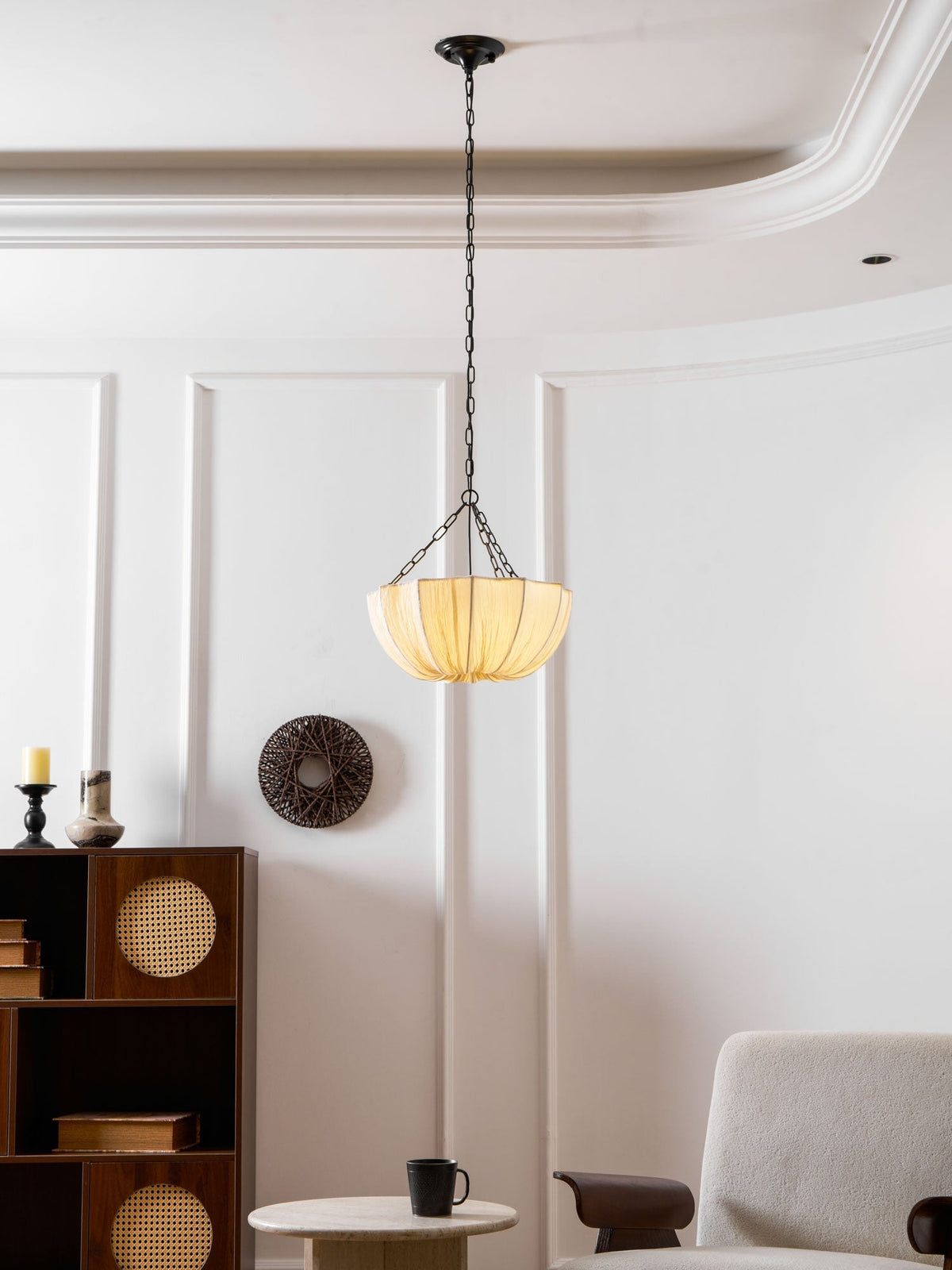 Stoffen plafondlamp met komvormige kap voor keukens en eetruimtes, 16 inch verstelbaar hangarmatuur, neutrale beige stoffen lampenkap Thr | Thomler
