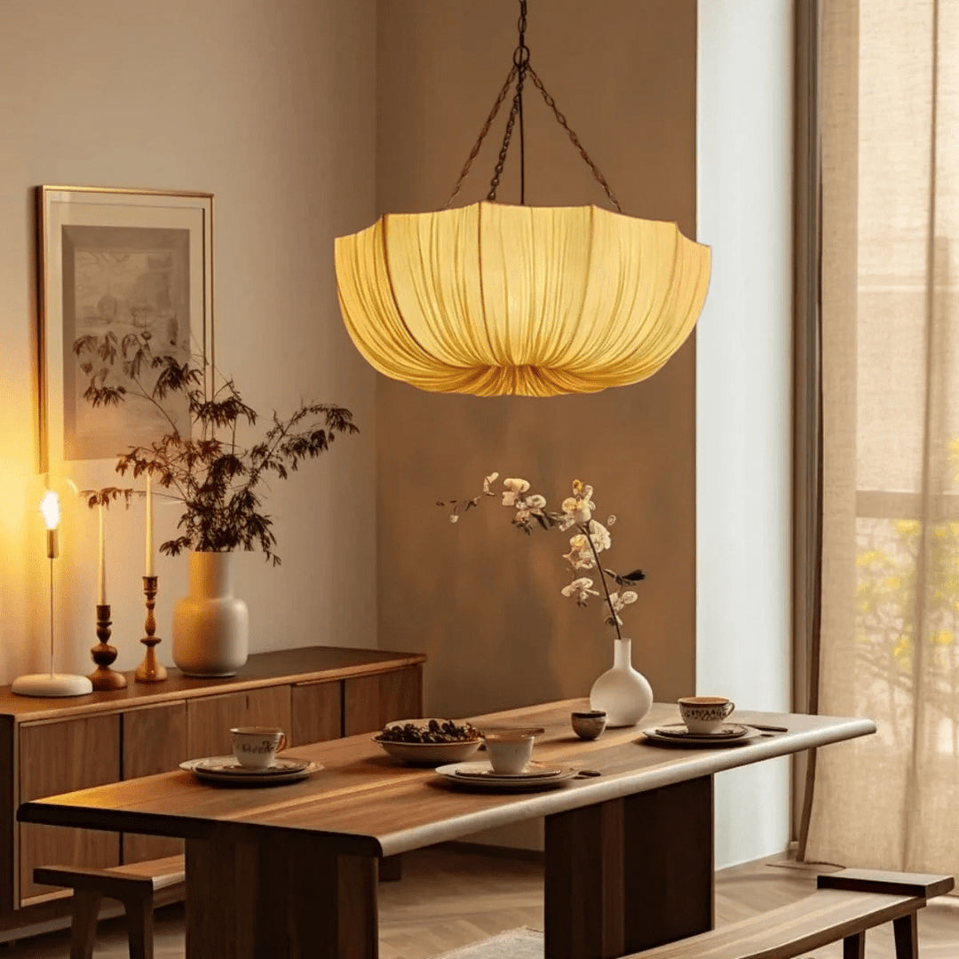 Stoffen plafondlamp met komvormige kap voor keukens en eetruimtes, 16 inch verstelbaar hangarmatuur, neutrale beige stoffen lampenkap Thr | Thomler