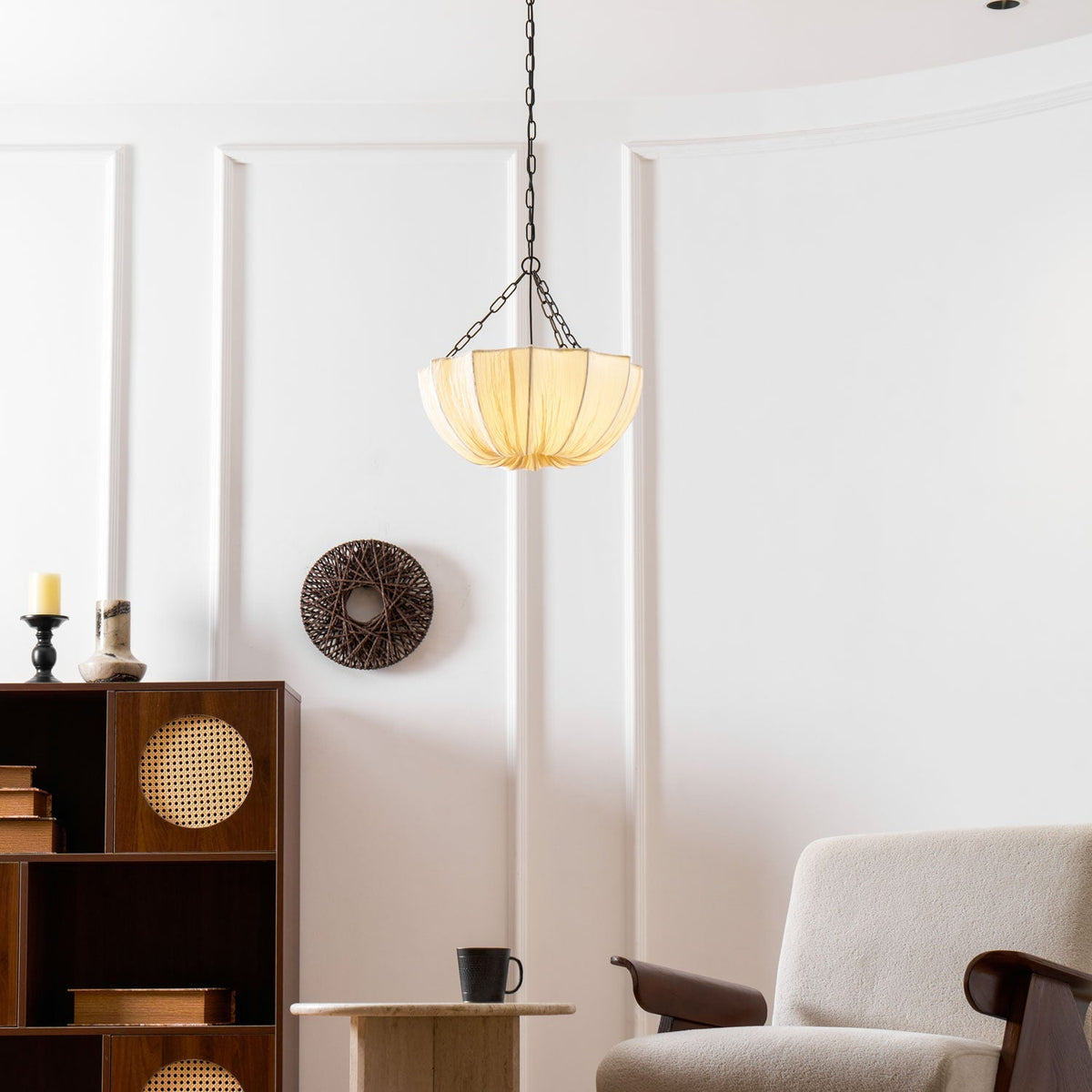 Stoffen plafondlamp met komvormige kap voor keukens en eetruimtes, 16 inch verstelbaar hangarmatuur, neutrale beige stoffen lampenkap Thr | Thomler