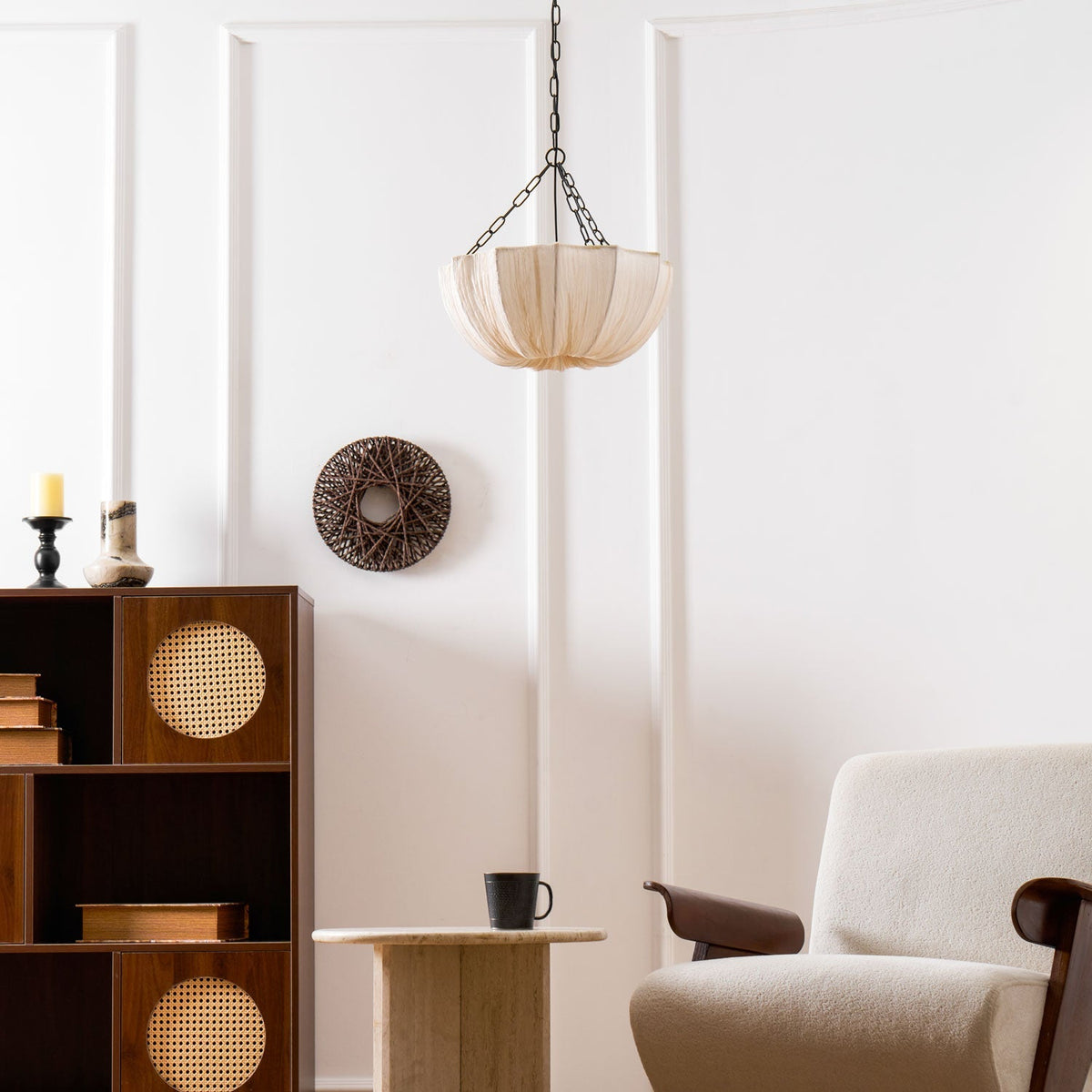 Stoffen plafondlamp met komvormige kap voor keukens en eetruimtes, 16 inch verstelbaar hangarmatuur, neutrale beige stoffen lampenkap Thr | Thomler
