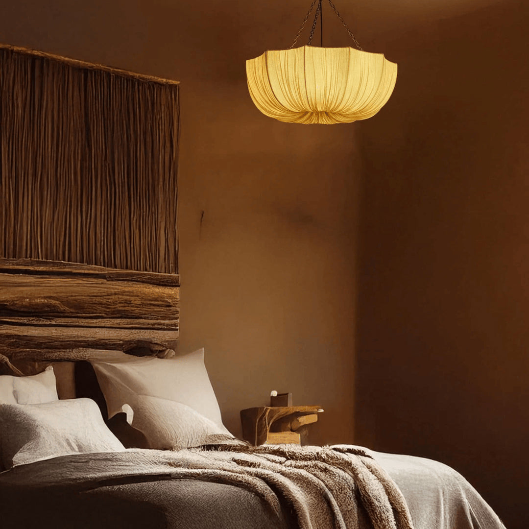 Stoffen plafondlamp met komvormige kap voor keukens en eetruimtes, 16 inch verstelbaar hangarmatuur, neutrale beige stoffen lampenkap Thr | Thomler
