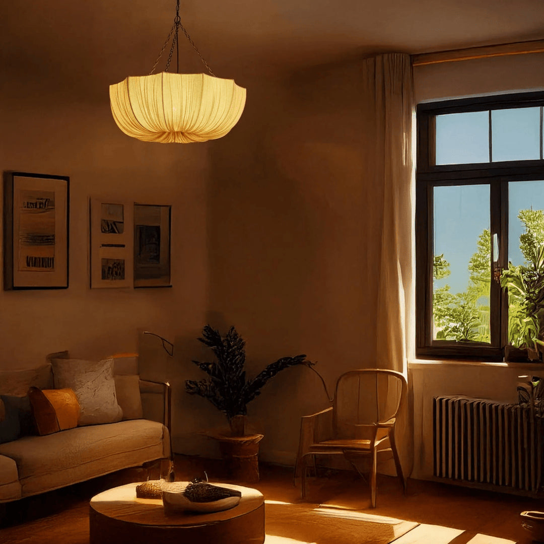 Stoffen plafondlamp met komvormige kap voor keukens en eetruimtes, 16 inch verstelbaar hangarmatuur, neutrale beige stoffen lampenkap Thr | Thomler
