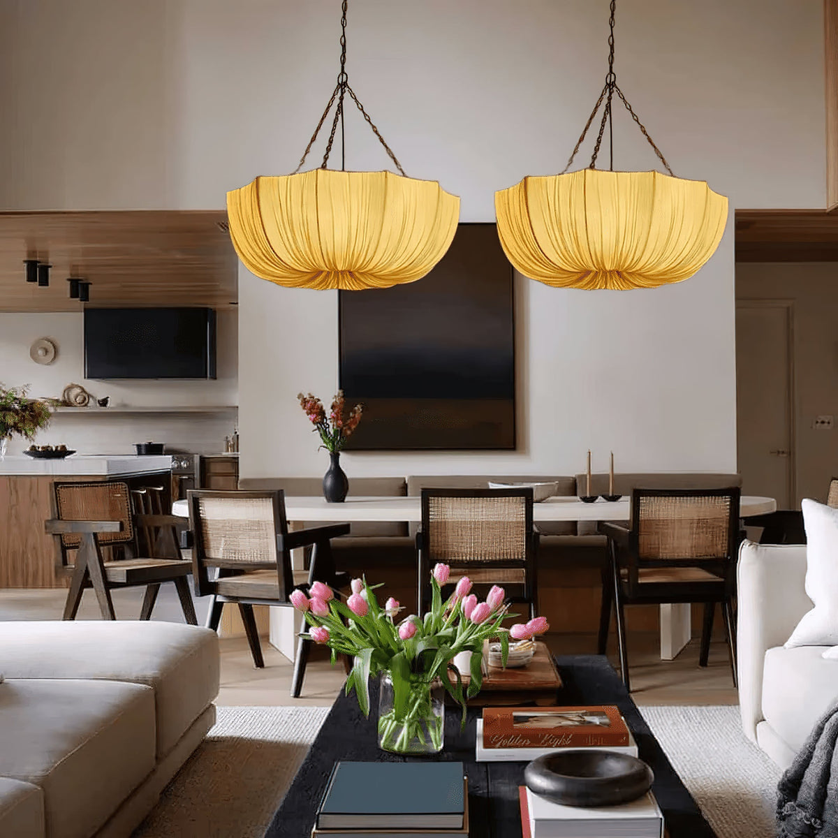 Stoffen plafondlamp met komvormige kap voor keukens en eetruimtes, 16 inch verstelbaar hangarmatuur, neutrale beige stoffen lampenkap Thr | Thomler