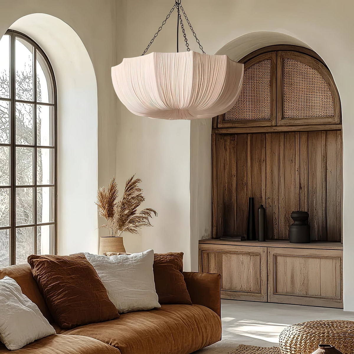 Stoffen plafondlamp met komvormige kap voor keukens en eetruimtes, 16 inch verstelbaar hangarmatuur, neutrale beige stoffen lampenkap Thr | Thomler