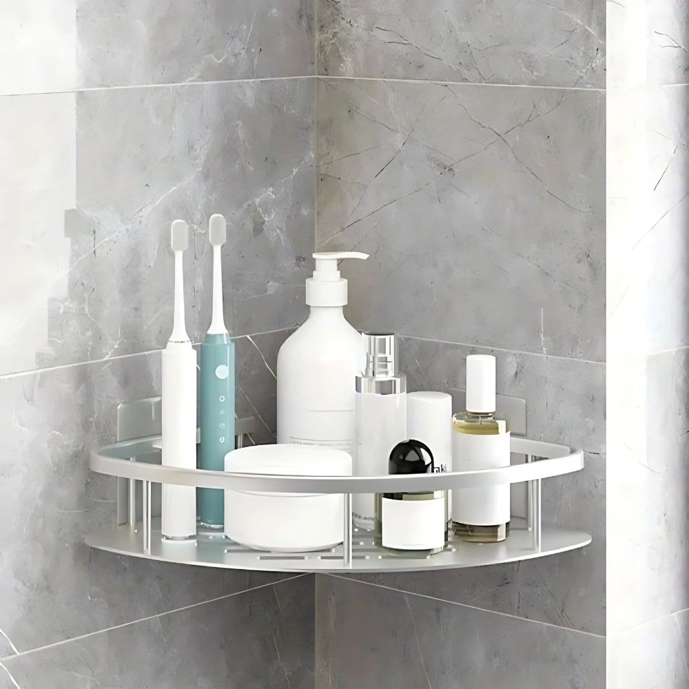 Selbstklebendes Eckregal aus Aluminium, rostfreier Badezimmer-Aufbewahrungshalter für Shampoo, Seife und Pflegeprodukte, bohrfreies Wandregal für Dusche und Badewanne | Thomler