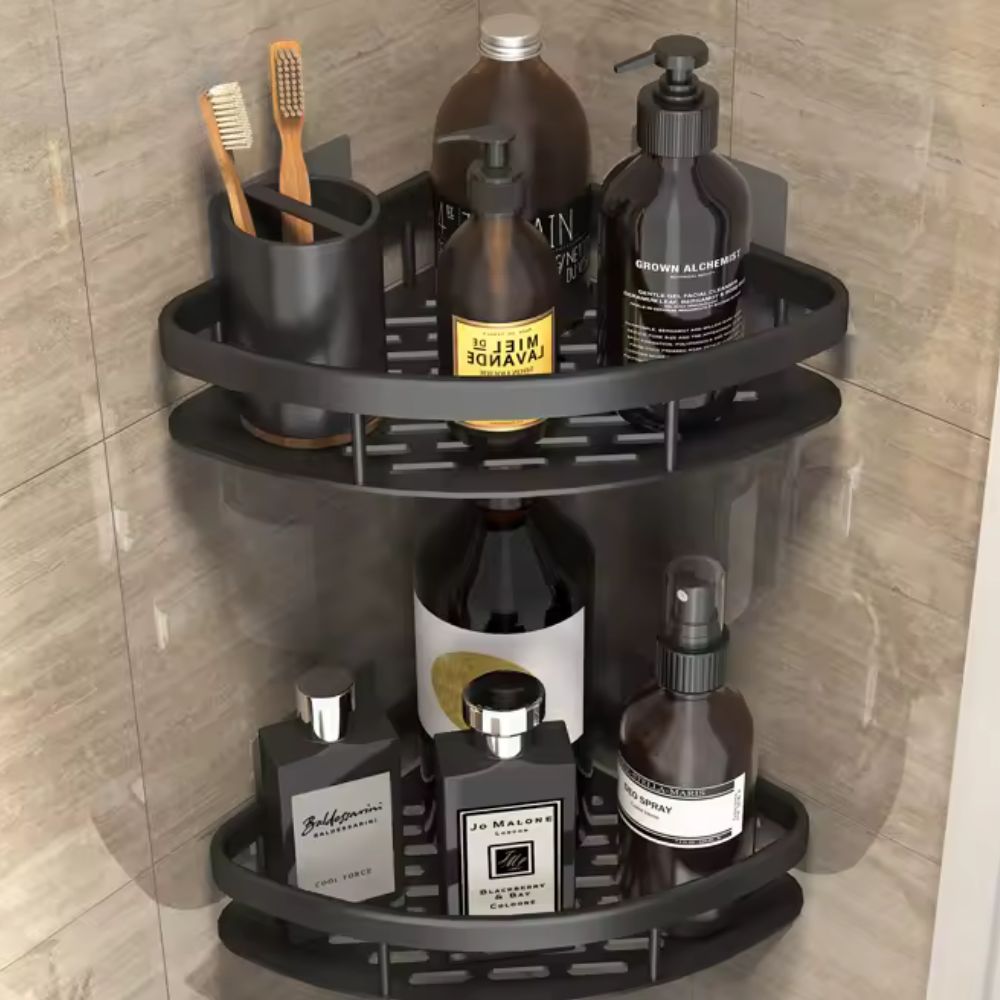 Selbstklebendes Eckregal aus Aluminium, rostfreier Badezimmer-Aufbewahrungshalter für Shampoo, Seife und Pflegeprodukte, bohrfreies Wandregal für Dusche und Badewanne | Thomler