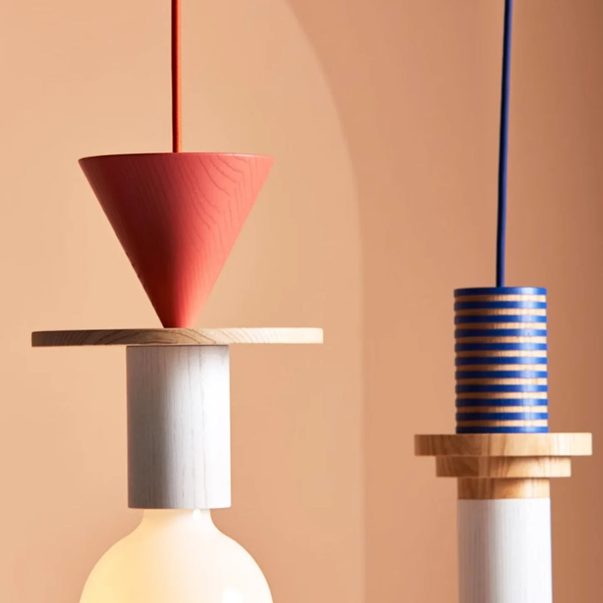 Houten hanglamp met meerkleurige geometrische kap, 19-42 cm in hoogte verstelbaar, plafondverlichting voor eetkamer, keuken en slaapkamer, modern | Thomler