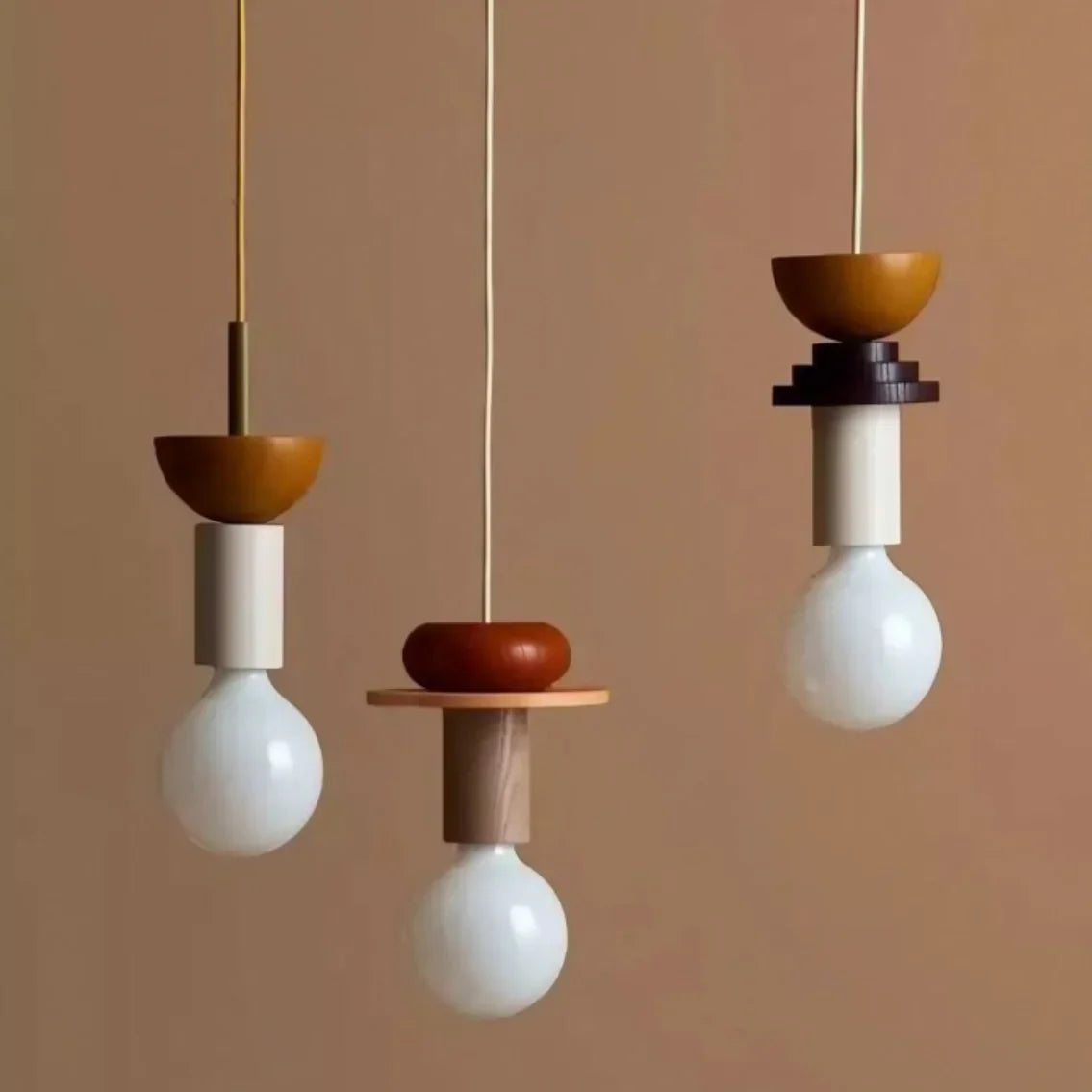 Houten hanglamp met meerkleurige geometrische kap, 19-42 cm in hoogte verstelbaar, plafondverlichting voor eetkamer, keuken en slaapkamer, modern | Thomler