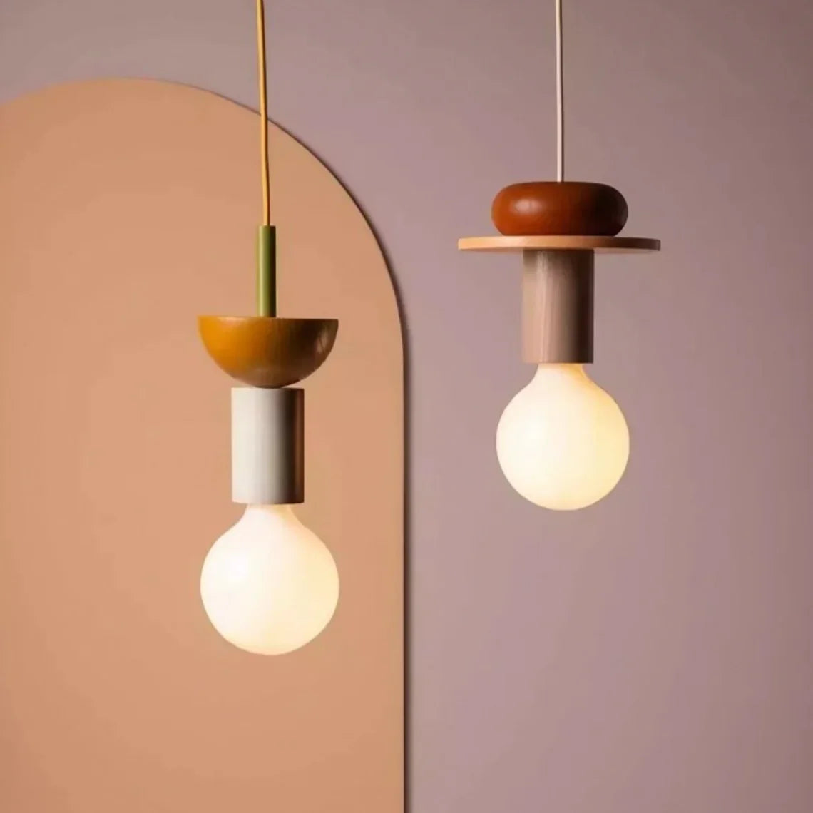 Houten hanglamp met meerkleurige geometrische kap, 19-42 cm in hoogte verstelbaar, plafondverlichting voor eetkamer, keuken en slaapkamer, modern | Thomler