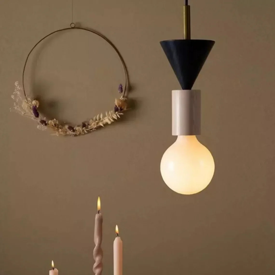 Houten hanglamp met meerkleurige geometrische kap, 19-42 cm in hoogte verstelbaar, plafondverlichting voor eetkamer, keuken en slaapkamer, modern | Thomler