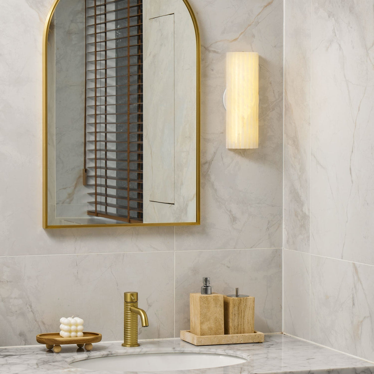 Alabaster LED Sconce 12 Inch Vertical Stone Wall Light for Vanity Hallway Bedroom Soft Glow Ambient Fixture Hardwired Modern Indoor Lighting | Thomler