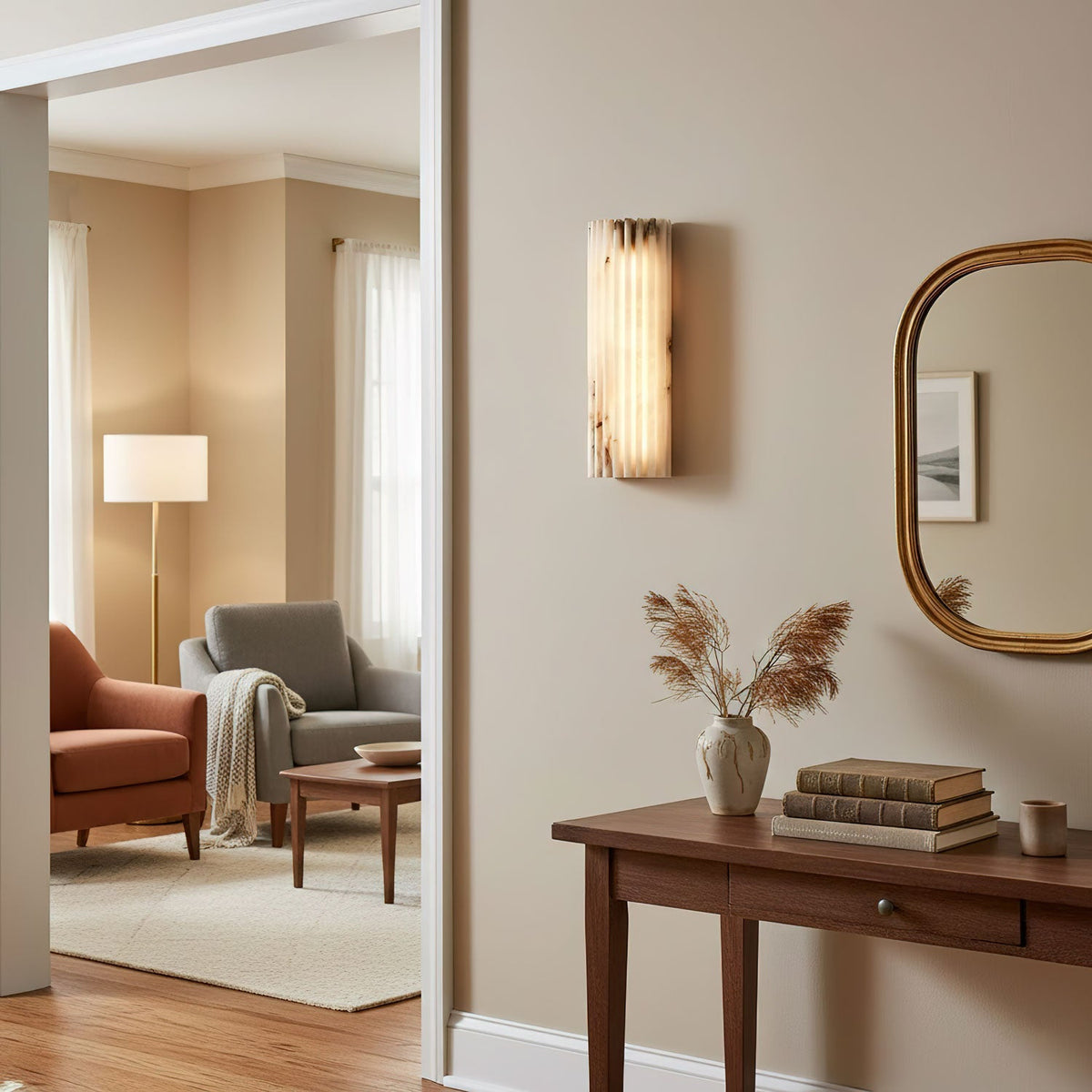 Aplique de pared de piedra natural de 12 pulgadas con LED integrado y superficie estriada, lámpara de interior para dormitorio, pasillo y sala de estar con luz ambiental cálida | Thomler