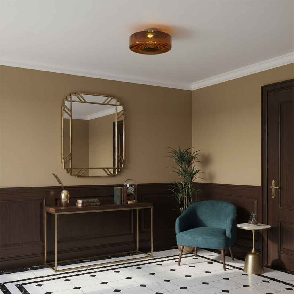Flush Mount LED Ceiling Light Fixture 15 inch Amber Glass Chrome Finish Warm White for Bedroom Hallway Bathroom | Thomler