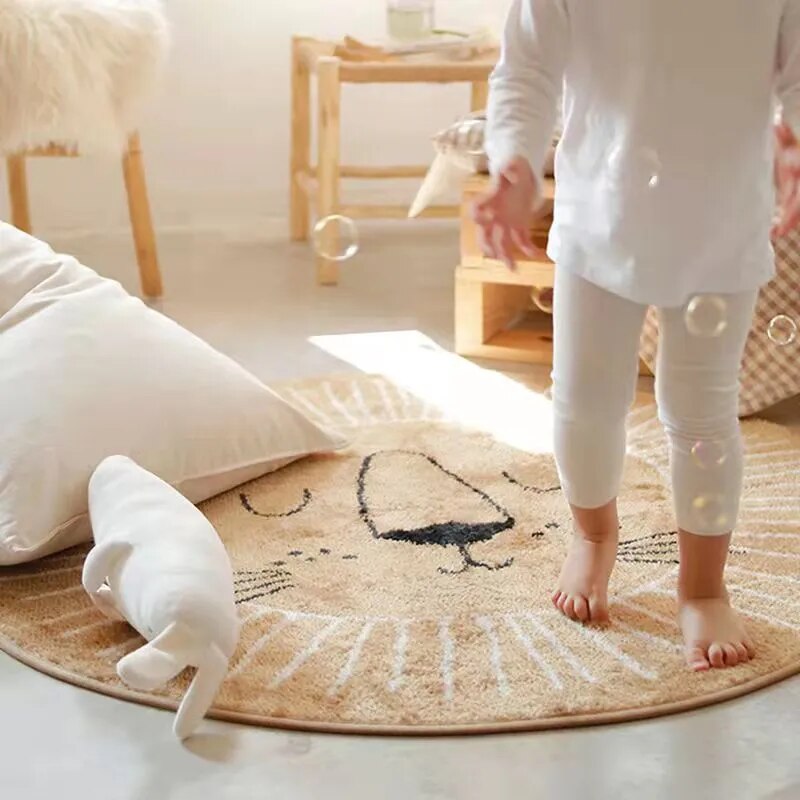 Runde Spielmatte mit Tiermotiv für Kinderzimmer – Weicher Mikrofaser-Teppich im Safari-Design, maschinenwaschbar, verschiedene Größen für Kinderzimmer & Spielbereich | Thomler