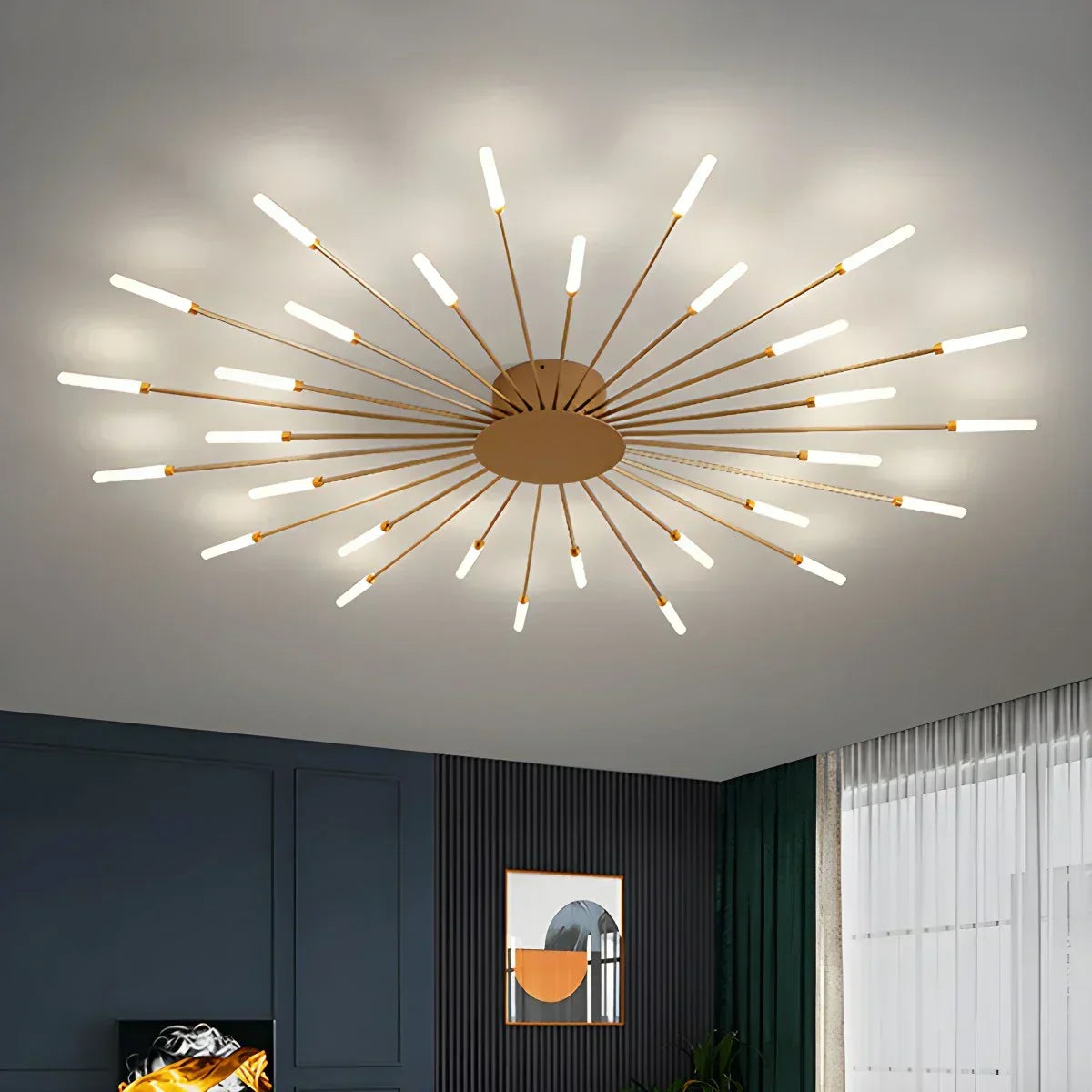 Multi-Arm Starburst Ceiling Fixture Metal LED Dimmable Gold Black 20-42 Bulb Open-Plan Dining Room Contemporary Statement Light Large Space | Thomler