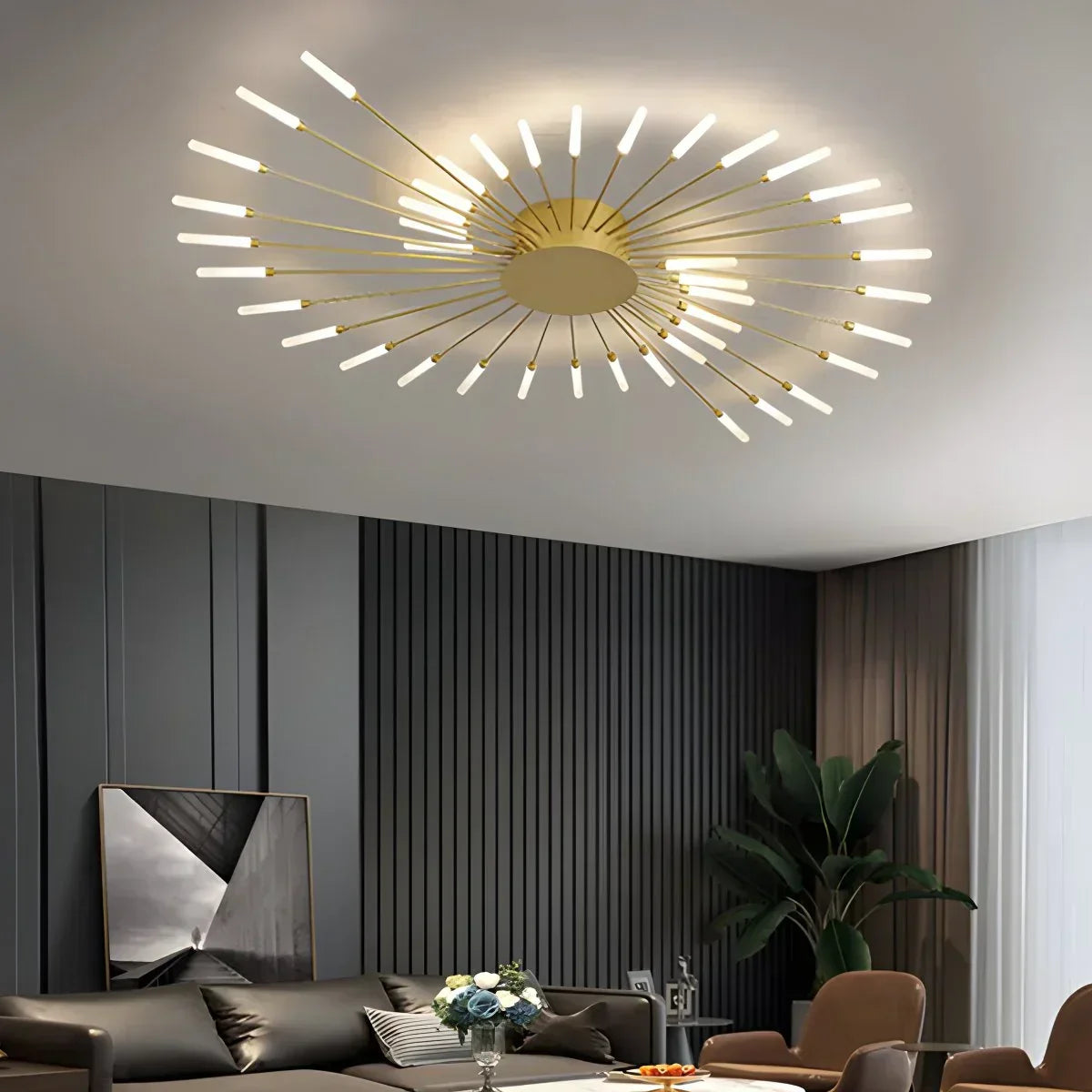 Multi-Arm Starburst Ceiling Fixture Metal LED Dimmable Gold Black 20-42 Bulb Open-Plan Dining Room Contemporary Statement Light Large Space | Thomler