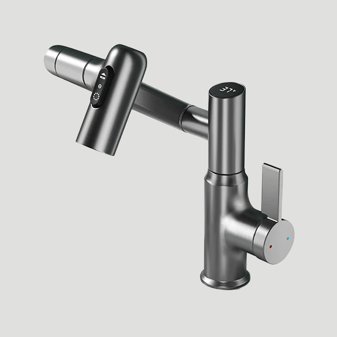 Rotating Sink Tap with Digital Temp Readout – 12-Inch Adjustable Spout, Full Swivel for Double Basins & Oversized Cookware | Thomler
