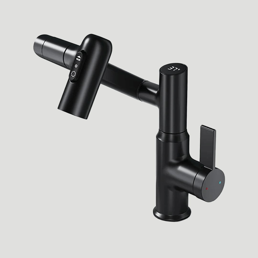 Rotating Sink Tap with Digital Temp Readout – 12-Inch Adjustable Spout, Full Swivel for Double Basins & Oversized Cookware | Thomler
