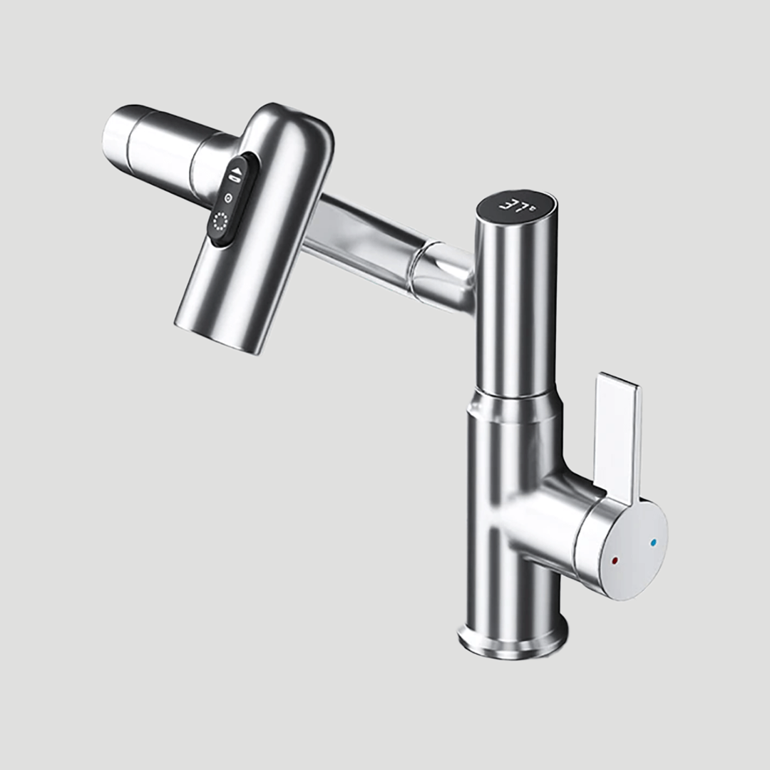 Rotating Sink Tap with Digital Temp Readout – 12-Inch Adjustable Spout, Full Swivel for Double Basins & Oversized Cookware | Thomler